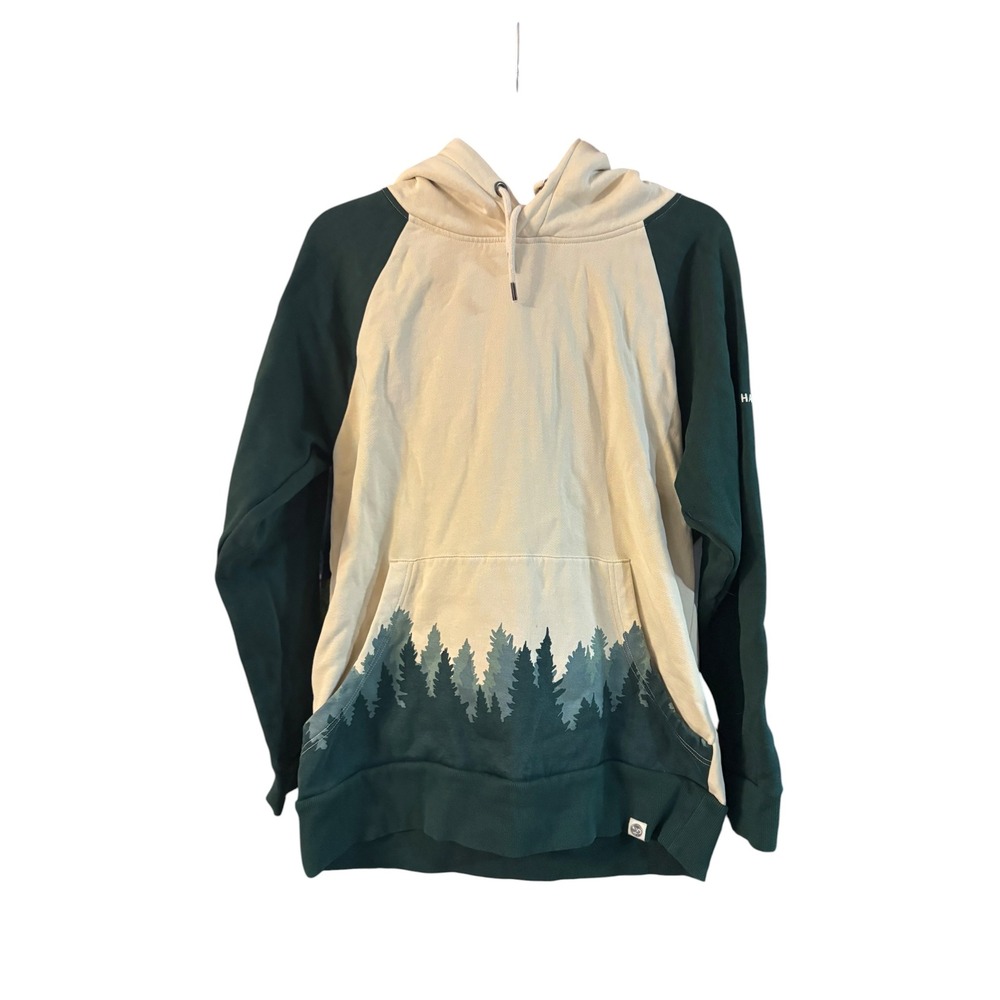 Happy Earth Organic Cotton Forest Graphic Hoodie Green Cream Raglan Sweatshirt M